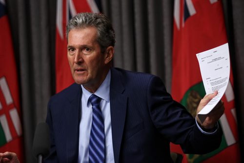MIKE DEAL / WINNIPEG FREE PRESS  Premier Brian Pallister answers questions regarding the Port of Churchill expressing frustration over a non-disclosure agreement the previous government signed with Omnitrax.   160728 Thursday, July 28, 2016