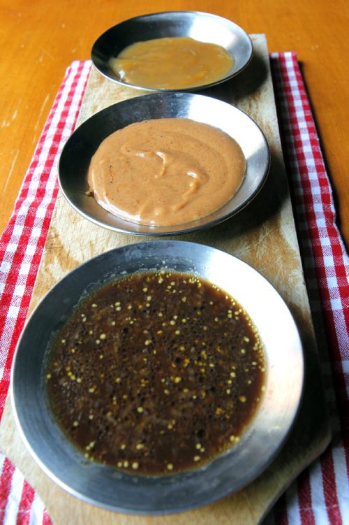 BORIS MINKEVICH / WINNIPEG FREE PRESS FOOD - For Wendy King story BBQ  sauces/dips. (bottom to top) Steak marinade, peanut sauce, sweet and sour sauce. July 29, 2016