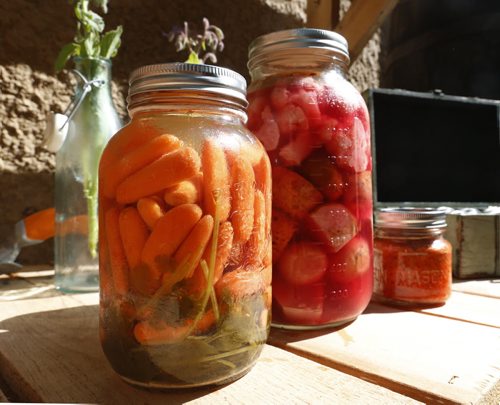WAYNE GLOWACKI / WINNIPEG FREE PRESS  Jill Kantor grows an extensive vegetable garden in the front yard of her Tuxedo home. She also teaches classes on how to grow and ferment food. This is a sample of fermented food from her refrigerator, from left,  carrots and cilantro, vegetable medley and carrot kraut.   Shamona Harnett story  July 29 2016