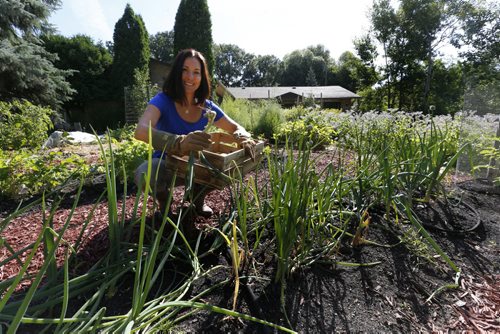 WAYNE GLOWACKI / WINNIPEG FREE PRESS  Jill Kantor grows an extensive vegetable garden in the front yard of her Tuxedo home. She also teaches classes on how to grow and ferment food. She is holding a white onion in photo. Shamona Harnett story  July 29 2016