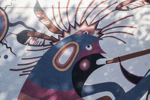 ZACHARY PRONG / WINNIPEG FREE PRESS  A  detail from a mural painted by Jackson Beardy, the sole Manitoba member of the Aboriginal Group of Seven, at the park at Selkirk and Powers. July 29, 2016.