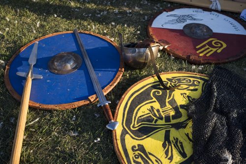 ZACHARY PRONG / WINNIPEG FREE PRESS  Shields, swords and spears at the Viking Park where Viking reenactors will be camping over the weekend for "Islendingadagurinn", the Gimli Icelandic Festival. Visitors can stop by the park to get a sense of how the vikings lived and watch events such as sword fighting. July 29, 2016.