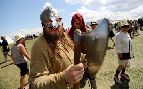 TREVOR HAGAN / WINNIPEG FREE PRESS Erik Huizinga, from Denver, and Paul Basar, from Edmonton, Vikings, at the Icelandic Festival in Gimli, Saturday, July 30, 2016.