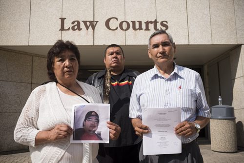 ZACHARY PRONG / WINNIPEG FREE PRESS  The family of Tyson McKay, a man from Cross Lake who died from a heart attack less than two days after being released from a Health Canada operated nursing station, is filing a wrongful death lawsuit. McKay was told he was experiencing heartburn and given antacids and tylenol. From left Violet McKay, Tyson's mother, Kelvin McKay, his brother and Sydney Garrioch, his uncle. August 3, 2016.