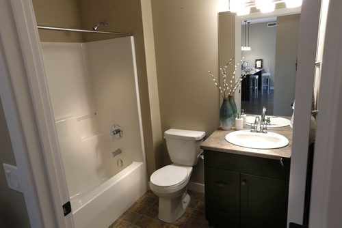 WAYNE GLOWACKI / WINNIPEG FREE PRESS    Homes. For a story on the second phase of The Woods condominiums at 89 Creek Bend Road. The second bathroom in the display suite in The Woods phase one, phase 2 has not been built yet. The sales rep. is  David Powell.   Todd Lewys story  August 03 2016