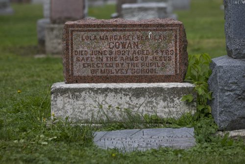 RUTH BONNEVILLE / WINNIPEG FREE PRESS  Series on cemeteries.  Elmwood Cemetery, off Hespeler Avenue.  Lola Margaret Cowan. Erected by pupils of Mulvey School.   See Bill Redekop story.   Aug 03, 2016