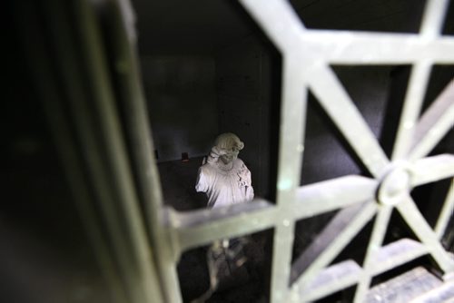 RUTH BONNEVILLE / WINNIPEG FREE PRESS  Series on cemeteries.  Elmwood Cemetery, off Hespeler Avenue.  Angel inside the Campbell and Bathgate mausoleum. See Bill Redekop story.   Aug 03, 2016