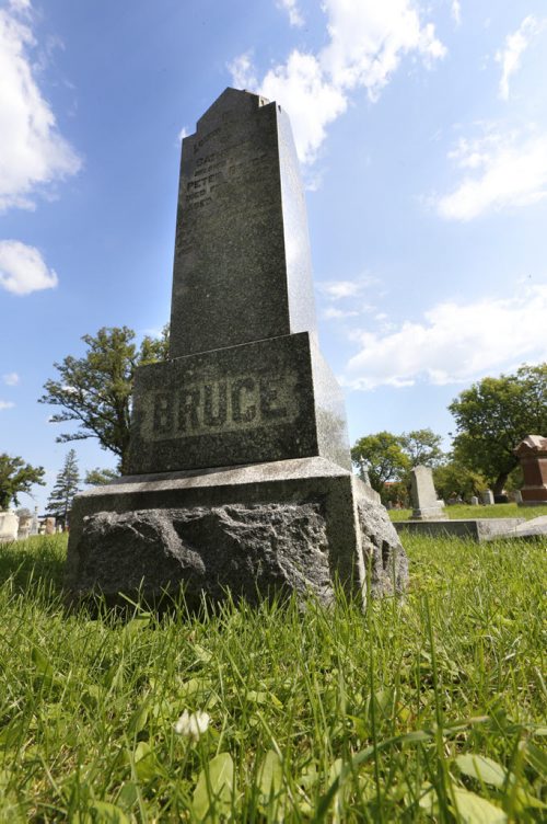 WAYNE GLOWACKI / WINNIPEG FREE PRESS       The Bruce family grave stone in the  St. James Anglican Church cemetery.  In 1933, the Bruce  family donated land to the city with the condition that it always remain public green space and it became Bruce Park. Kevin Rollason  story  August 03 2016