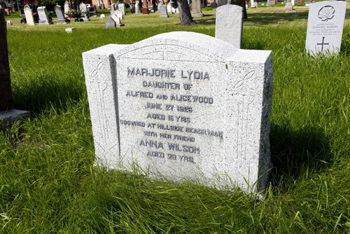 WAYNE GLOWACKI / WINNIPEG FREE PRESS       Grave stone of drowning victim Marjorie Lydia Wood in the St. James Anglican Church cemetery. Kevin Rollason  story  August 03 2016