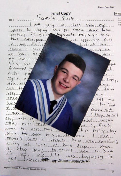 PHIL HOSSACK / WINNIPEG FREE PRESS -   Isaac Babinsky's Grad portrait, taken before his graduation and death, sits on top of a final paper he wrote called "Family FIrst" See Mike MacIntyre's story. August 3, 2016