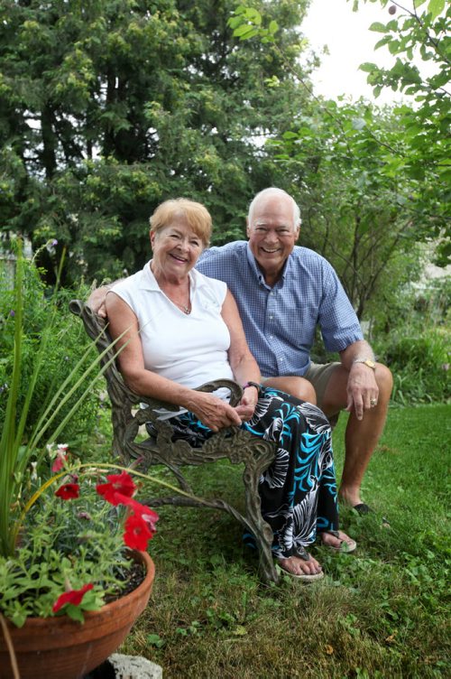 RUTH BONNEVILLE / WINNIPEG FREE PRESS  Portraits of Ab McDonald and his wife Pat MacDonald, both 80, in their backyard in west Winnipeg.  Ab has been on four, back-to-back-to-back  Stanley Cup winning teams, three in Montreal and one in Chicago vs Montreal. He was raised in  Winnipeg, was Jets first captain, and next month Special Olympics is honouring him for his volunteer work at a fund-raising dinner. See Sinclair column. Aug 04, 2016