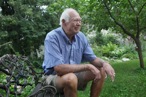 RUTH BONNEVILLE / WINNIPEG FREE PRESS  Portraits of Ab McDonald, 80, in his backyard in west Winnipeg.  Ab has been on four, back-to-back-to-back  Stanley Cup winning teams, three in Montreal and one in Chicago vs Montreal. He was raised in  Winnipeg, was Jets first captain, and next month Special Olympics is honouring him for his volunteer work at a fund-raising dinner. See Sinclair column. Aug 04, 2016