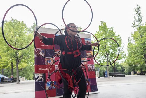 ZACHARY PRONG / WINNIPEG FREE PRESS  Rose Nigidja performs a hoop dance at a ceremony marking the countdown to the 150th anniversary of Confederation. August 4, 2016.