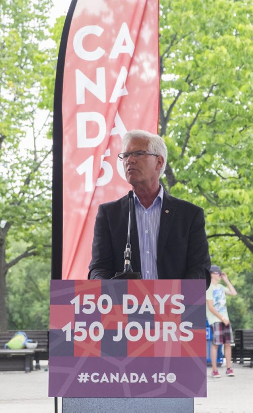 ZACHARY PRONG / WINNIPEG FREE PRESS  Minister of Natural Resources Jim Carr speaking at a ceremony marking the countdown to the 150th anniversary of Confederation. He announced that spontaneous activities celebrating Canada's diversity will be popping up from coast to coast in the lead up to the anniversary. August 4, 2016.
