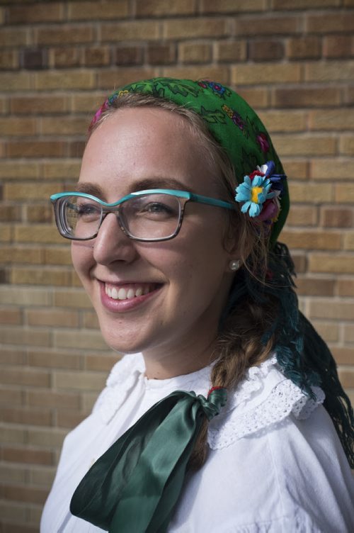 ZACHARY PRONG / WINNIPEG FREE PRESS  Alina Wilson, a costume coordinator and performer with S.P.K. Iskry, wearing a "chustka", a traditional Polish headdress that means a woman is married. August 6, 2016.