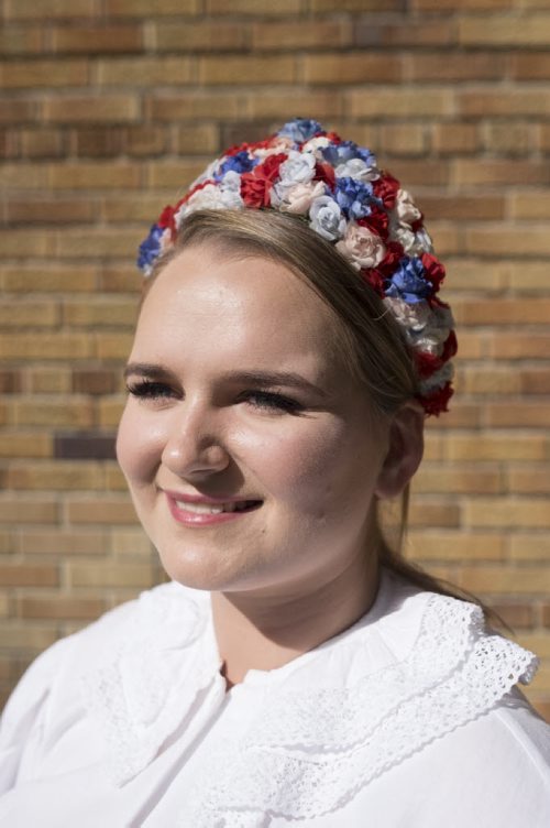 ZACHARY PRONG / WINNIPEG FREE PRESS  Alexandra Malkiewicz,, a costume coordinator and performer with S.P.K. Iskry, wearing a "wianek", a traditional Polish headdress that means a woman is single. August 6, 2016.