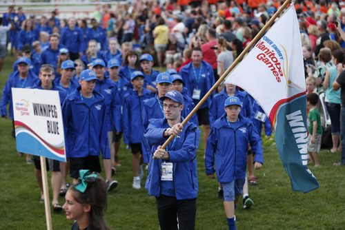 JOHN WOODS / WINNIPEG FREE PRESS Winnipeg Blue athletes enter the opening ceremonies of the Manitoba Games in Steinbach, Sunday, August 7, 2016.