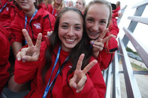 JOHN WOODS / WINNIPEG FREE PRESS Track athletes Amber Heirman (L)  and Gracie Petrie, from Swan Lake and Carmen respectively are excited to be at the opening ceremonies of the Manitoba Games in Steinbach, Sunday, August 7, 2016.