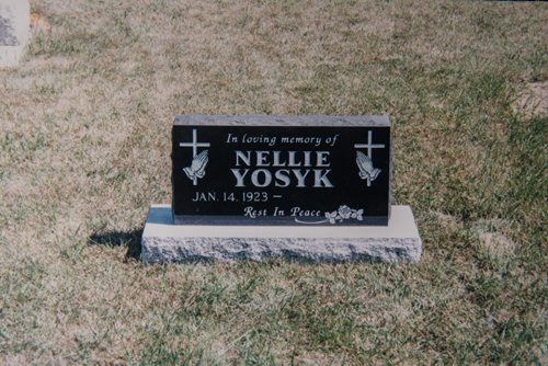 MIKE DEAL / WINNIPEG FREE PRESS A photo of the tombstone for Nellie Yosyk taken shortly after it was made. Nellie Yosyk died in February and her pre-paid tombstone is nowhere to be found. 160808 - Monday, August 08, 2016