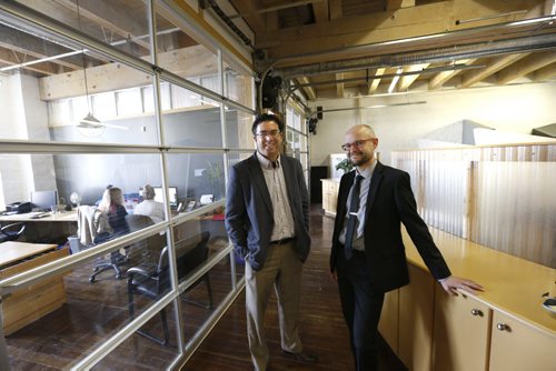 WAYNE GLOWACKI / WINNIPEG FREE PRESS    At left, Paul Provost, pres. and Robert Mensies, Director of Client Strategy with 6P Marketing. The company at the beginning of the month relocated from a building on Mulvey Avenue to this heritage building in the West Exchange District. They are now located on the third floor, 44 Princess St. Murray McNeill story August 9 2016