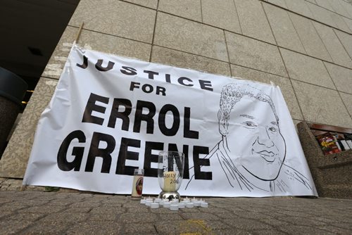 WAYNE GLOWACKI / WINNIPEG FREE PRESS    The memorial for Errol Greene Wednesday morning across the street from  the Remand Centre at the  24-hour vigil for Greene,who died in custody May 1 after suffering an epileptic seizure.  His¤aunt, Janet Ellison, said¤Greene was denied his epilepsy medication while in custody.  Alexandra De Pape web story August 10 2016