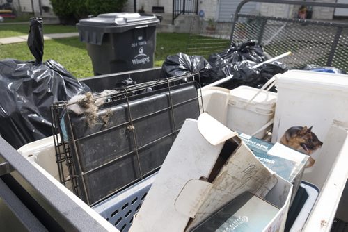 ZACHARY PRONG / WINNIPEG FREE PRESS  A trailer filled with cages, garbage and other items removed from a Valley Gardens townhouse on August 10, 2016 by staff from the province's chief veterinary office and the Winnipeg Humane Society. The bodies of rotting puppies were discovered inside the townhouse and more than a dozen dogs, many of them sick, were rescued.