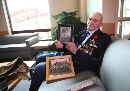 RUTH BONNEVILLE / WINNIPEG FREE PRESS  Portraits of WW2 vet Richard Sellen at his retirement residence in Oakbank Maniboa with photos of him while he was in service.      Sellen was a WW2 bomber pilot who has been part of the Follow-Up study for the last seven decades.   See Kevin Rollason story  Aug 09, 2016