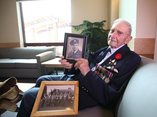 RUTH BONNEVILLE / WINNIPEG FREE PRESS  Portraits of WW2 vet Richard Sellen at his retirement residence in Oakbank Maniboa with photos of him while he was in service.      Sellen was a WW2 bomber pilot who has been part of the Follow-Up study for the last seven decades.   See Kevin Rollason story  Aug 09, 2016