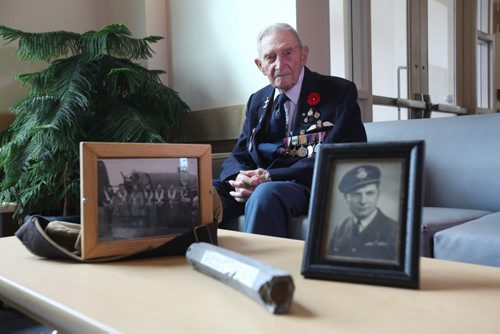 RUTH BONNEVILLE / WINNIPEG FREE PRESS  Portraits of WW2 vet Richard Sellen at his retirement residence in Oakbank Maniboa with photos of him while he was in service.      Sellen was a WW2 bomber pilot who has been part of the Follow-Up study for the last seven decades.   See Kevin Rollason story  Aug 09, 2016