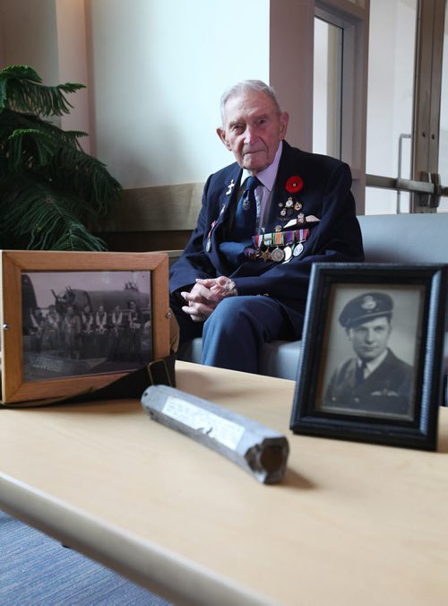 RUTH BONNEVILLE / WINNIPEG FREE PRESS  Portraits of WW2 vet Richard Sellen at his retirement residence in Oakbank Maniboa with photos of him while he was in service.      Sellen was a WW2 bomber pilot who has been part of the Follow-Up study for the last seven decades.   See Kevin Rollason story  Aug 09, 2016