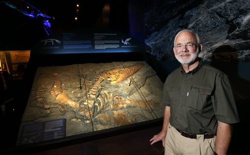 WAYNE GLOWACKI / WINNIPEG FREE PRESS      Dr. Wayne Buckley, amateur paleontologist beside the 90-million year old fossil of a Pliosaur he discovered. The fossil was unveiled in the Manitoba Museums Earth History Gallery Thursday.   Alexandra De Pape  story August 11 2016