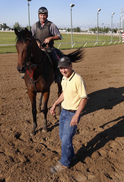 WAYNE GLOWACKI / WINNIPEG FREE PRESS       Small time veteran trainer Wayne Elias on the track at the Assiniboia Downs with On The Right Track and exercise rider Russ Combs.  George Williams story August 11 2016