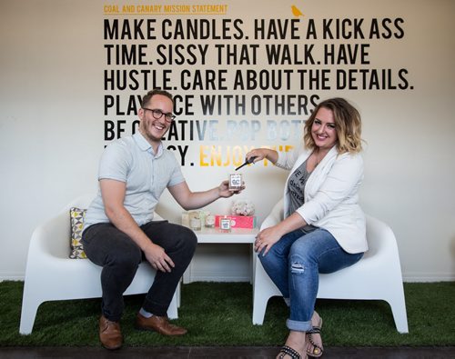 MIKE DEAL / WINNIPEG FREE PRESS Tom Jansen and Amanda Buhse are co-founders of the now-ubiquitous Coal & Canary Candle Co., a local business who has leveraged Instagram in a big way. They just opened a new office/production house on Sanford Street to meet demand. 160810 - Wednesday, August 10, 2016