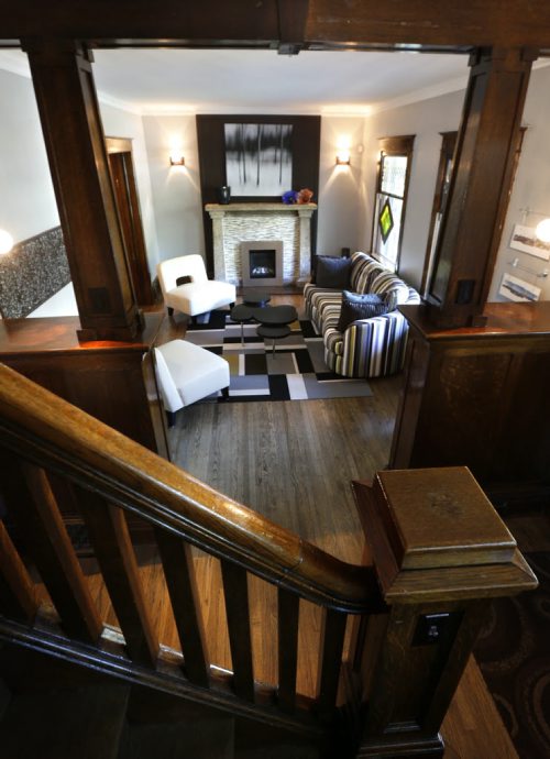 WAYNE GLOWACKI / WINNIPEG FREE PRESS     Homes Resale.  The view of the main floor living room from the staircase at 114 Claremont in Norwood Flats. The realtor is Ryan Davis. Todd Lewys story August 16 2016