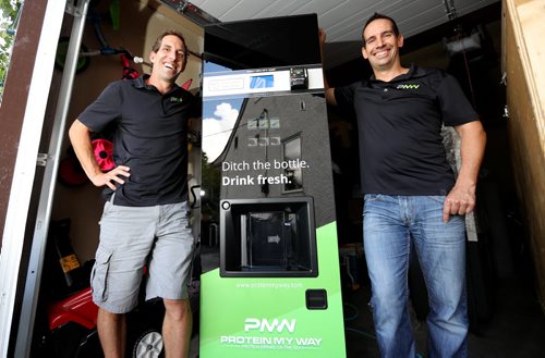 TREVOR HAGAN / WINNIPEG FREE PRESS Brothers, Graham and Bryce Folster, who along with their sister Erin, and friend Derek Penner, have launched Protein My Way, a vending machine that dispenses protein shakes, Tuesday, August 16, 2016.