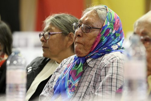 RUTH BONNEVILLE  / WINNIPEG FREE PRESS  Elder Betty Solomon tears up as she hears the apology from minister Carolyn Bennett from the Government of Canada for forced relocation of her people in formal ceremony in Tadoule Lake Tuesday.  Solomon is one of eighteen survivors moved from their traditional land to Churchill Manitoba and were left for dead 60 years ago.    See Alex Paul story.    Aug 16 / 2016