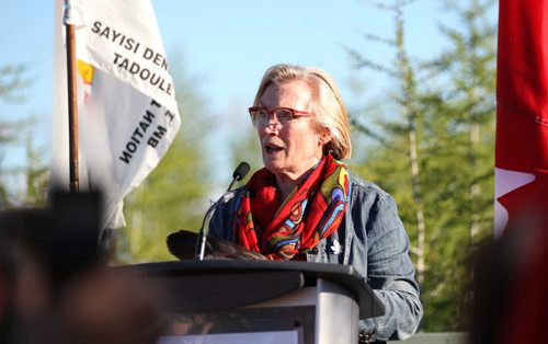 RUTH BONNEVILLE  / WINNIPEG FREE PRESS  Minister Carolyn Bennett makes a formal apology to the people in Dene Village near Churchill Manitoba from the Government of Canada for a forced relocation of Dene people in formal ceremony Tuesday.   See Alex Paul story.    Aug 16 / 2016