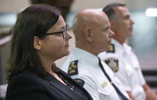 WAYNE GLOWACKI / WINNIPEG FREE PRESS  From left, Justice Minister Heather Stefanson, Commanding Officer Scott Kolody, RCMP D Division and Jeff Szyszkowski, acting deputy chief, investigations, Winnipeg Police Service at the provincial announcement on investing in new resources for victims of crime and law enforcement through the Criminal Property Forfeiture Fund. The event was held at RCMP D Division Wednesday. Kristin Annable story August 17 2016
