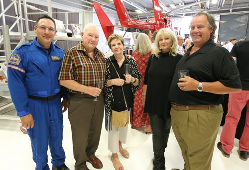 JASON HALSTEAD / WINNIPEG FREE PRESS  L-R: Shock Trauma Air Rescue Society (STARS) base director Grant Therrien, Russ Edwards, Edna Edwards, Marta Harris and Bob Harris at a fundraising dinner for STARS on Aug. 17, 2016, at the STARS hangar. STARS is a non-profit helicopter air ambulance organization that provides rapid and specialized emergency care and transportation for critically ill and injured patients. (See Social Page)