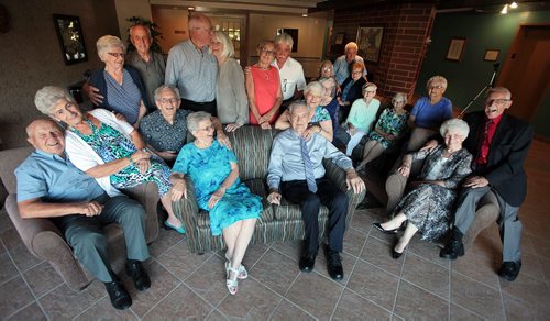 PHIL HOSSACK / WINNIPEG FREE PRESS -  Club 56 is a group of couples who all married in 1956. The club struck a pose before their 60th anniversary dinner. See Jen Zoratti story.  August 17, 2016