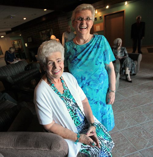 PHIL HOSSACK / WINNIPEG FREE PRESS -  Club 56 is a group of couples who all married in 1956. Verna Froese (sitting) and Irene Enns pose before the group's 60th anniversary dinner. See Jen Zoratti story.  August 17, 2016