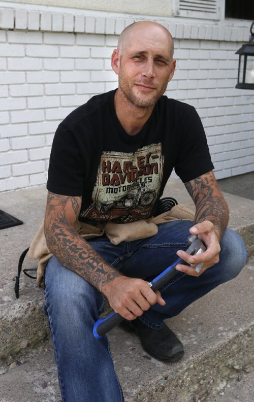 WAYNE GLOWACKI / WINNIPEG FREE PRESS   Joey Cowan is a reformed drug user and alcoholic, now working as a contractor and as an addictions counsellor.  His story of past drug use is a powerful entry into a story on how police can deal with marijuana and impairment in the post-legalization era.  Kelly Taylor story  August 19 2016