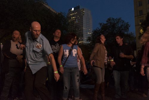 ZACHARY PRONG / WINNIPEG FREE PRESS  Tragically Hip fans at The Cube dance during a live stream of the band's final concert. August 20, 2016.