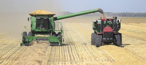 PHIL HOSSACK / WINNIPEG FREE PRESS -   A combine spills wheat into a trailer between St Norbert and LaSalle, South of Winnipeg in the Red River Valley Monday afternoon. See story. August 22, 2016