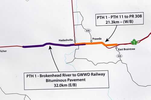 BORIS MINKEVICH / WINNIPEG FREE PRESS GOVERNMENTS OF CANADA AND MANITOBA SUPPORT NATIONAL HIGHWAY SYSTEM IN MANITOBA - PRESS CONFERENCE. These are copy shots of the maps that show where the road work is going to be done on PTH 1. August 23, 2016