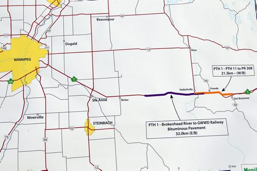 BORIS MINKEVICH / WINNIPEG FREE PRESS GOVERNMENTS OF CANADA AND MANITOBA SUPPORT NATIONAL HIGHWAY SYSTEM IN MANITOBA - PRESS CONFERENCE. These are copy shots of the maps that show where the road work is going to be done on PTH 1. August 23, 2016