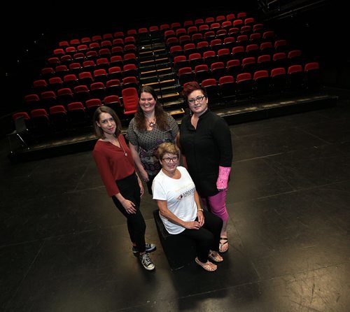 PHIL HOSSACK / WINNIPEG FREE PRESS -   Sarasvati Productions for the Philanthropy page....Seated Judy Wasylycia-Leis and from the left Kelsey Funk, Hope McIntyre andPamm Hadder pose in the Asper Centre for Thetre and Film. See Kevin Rollason's story.  August 23, 2016
