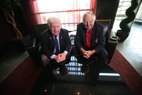 RUTH BONNEVILLE / WINNIPEG FREE PRESS  Sports - Legendary Hockey Players Brad Park (right)  and Pat Stapleton (left),  who played for Canada at the '72 Summit Series have their photo taken in Winnipeg Tuesday.    See Jason Bell Story.     Aug 23 / 2016