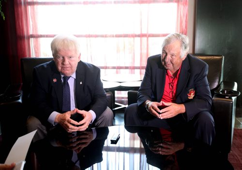 RUTH BONNEVILLE / WINNIPEG FREE PRESS  Sports - Legendary Hockey Players Brad Park (right)  and Pat Stapleton (left),  who played for Canada at the '72 Summit Series have their photo taken in Winnipeg Tuesday.   See Jason Bell Story.     Aug 23 / 2016