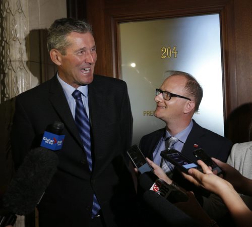 WAYNE GLOWACKI / WINNIPEG FREE PRESS   At left, Premier Brian Pallister announced Wednesday the appointment of Andrew Micklefield as the government's new house leader Andrew Kristin Annable story  August 24 2016